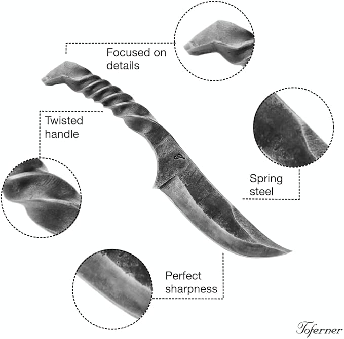 Toferner Hand Forged Knife Wolf Claw with Sheath, Vintage Knife for Antique Collection, Genuine Leather Case, Hardened Blade, Hand Made Craft, Gift Idea for Men (Black)