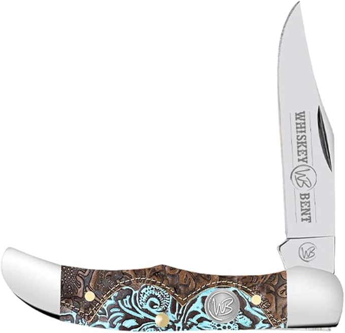 WHISKEY BENT HAT CO. Mini Hunter Folding Pocket Knife 2.75" Closed Length 440C Stainless Steel Blade (Tooled Country)