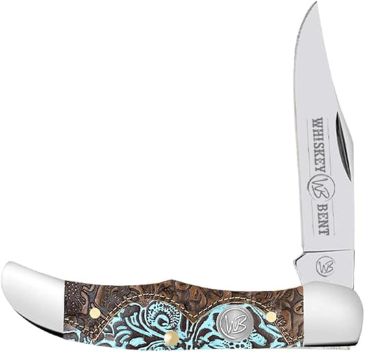 WHISKEY BENT HAT CO. Mini Hunter Folding Pocket Knife 2.75" Closed Length 440C Stainless Steel Blade (Tooled Country)