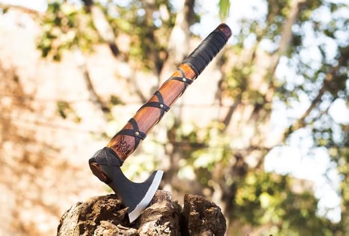 Handmade Gift Forged Carbon Steel Viking Axe, Camping Hatchet with Rose Wood Shaft (Ragnar Axe)