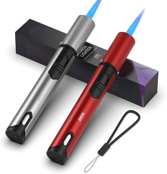 Butane Lighter, 2 Pack Torch Lighter with Fuel Level Window, Adjustable Fire Jet Torch Windproof Lighter Long for Grill Cooking Candle, Red & Silver (Gas not Included)