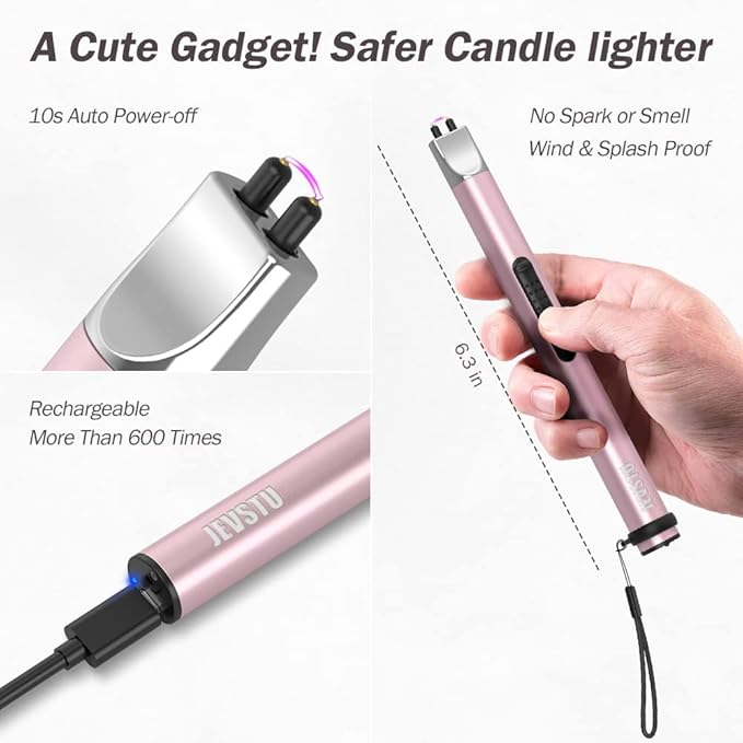 Candle Lighter, Electric Lighter Rechargeable USB Lighter, Arc Windproof Flameless Plasma Lighter Long Stick, No Butane Fluid, Perfect for Candle BBQ Camping Kitchen Stove, Pink and White