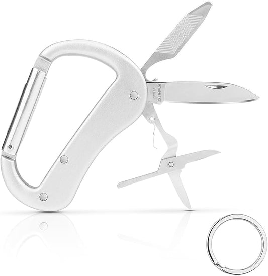 Multitool Carabiner with Pocket Knife, Bottle Opener,Nail file,Small Scissors,EDC Carabiners Keychain with Folding Knives,Auxiliary Tools for Camping,Hiking,Outdoor Activities(Silver)
