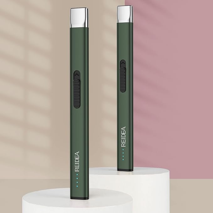 REIDEA Lighters 2 Pack R1 Flat Electronic Candle Lighter, Windproof Flameless USB Rechargeable Arc Lighter with Safe Button and Power Indicator for Candle, BBQ and Fireworks, Pine Green