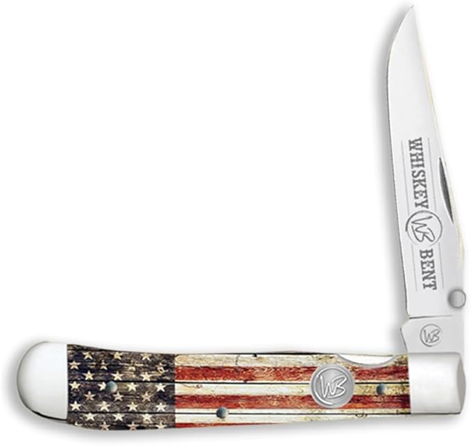 WHISKEY BENT HAT CO. Locking Trapper Folding Pocket Knife 4.125" Closed Length 440C Stainless Steel Blades (Patriot - Plain Edge)