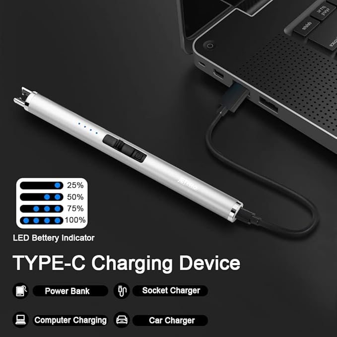 USB Rechargeable Candle Lighter Electronic Arc Lighter Windproof Flameless with Safety Button for Camping Cooking BBQ (Silver)