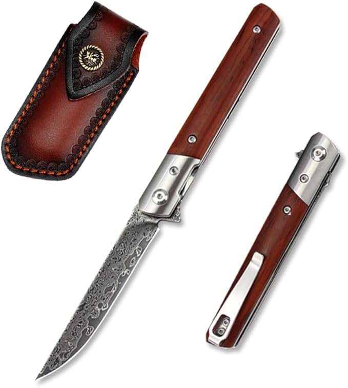 Damascus Steel Pocket Knife, Sharp VG10 Damascus Pocket Knife with Handmade Wood Handle, Leather Sheath, Ball Bearing, Liner Lock, Lightweight Damascus Folding Knife for EDC Men Women