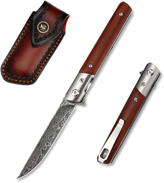 Damascus Steel Pocket Knife, Sharp VG10 Damascus Pocket Knife with Handmade Wood Handle, Leather Sheath, Ball Bearing, Liner Lock, Lightweight Damascus Folding Knife for EDC Men Women