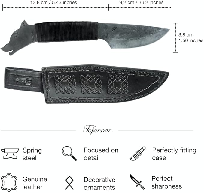 Toferner Hand Forged Knife Wolf with Sheath, Vintage Knife for Antique Collection, Genuine Leather Case, Hardened Blade, Hand Made Craft, Gift Idea for Men (Black)