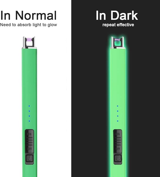 SUPRUS Fluorescent Lighter Glows in The Dark Electric Lighter Candle Lighter Rechargeable USB Arc lighters with Safety Lock Windproof Flameless Plasma for Candle BBQ Camping (Green)