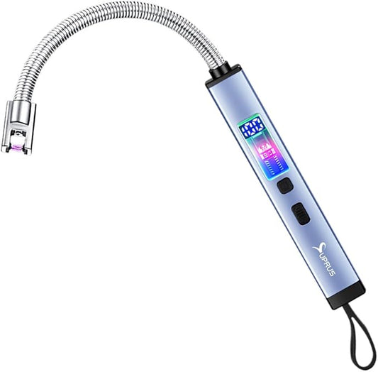SUPRUS Electric Candle Lighter USB-C Rechargeable with Digital Battery Display Ambient Lighting Safety Switch 360° Flexible Neck Flameless Plasma Windproof Perfect for Candle BBQ Camping (Blue)