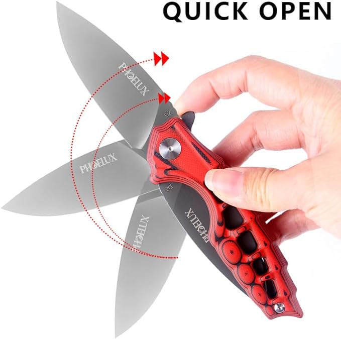 7.51" Pocket Folding Knife- D2 Blade and G10 Handle(Red Feather Pattern) EDC Knife with Pocket Clip, Liner Lock and Waterproof Box, Good for Survival Camping, Outdoor, Hiking, Hunting
