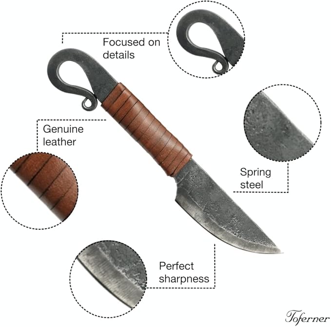 Toferner Hand Forged Knife Volute with Sheath, Vintage Knife for Antique Collection, Genuine Leather Case, Hardened Blade, Hand Made Craft, Gift Idea for Men (Brown)