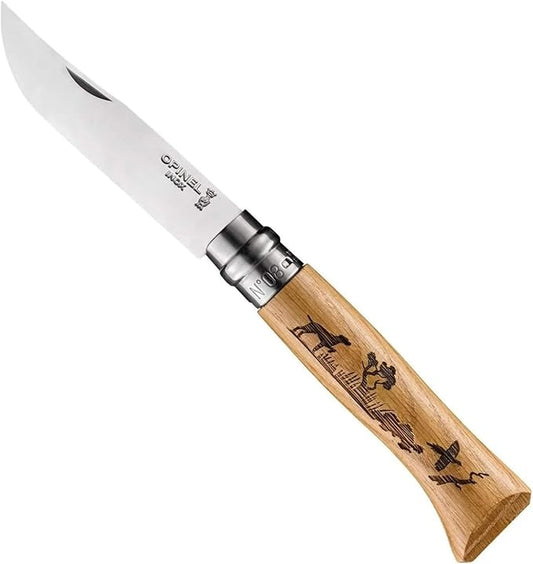 Opinel No. 8 Engraved Oak Handle Folding Knife, Animalia Collection, Stainless Steel Blade, Made in France
