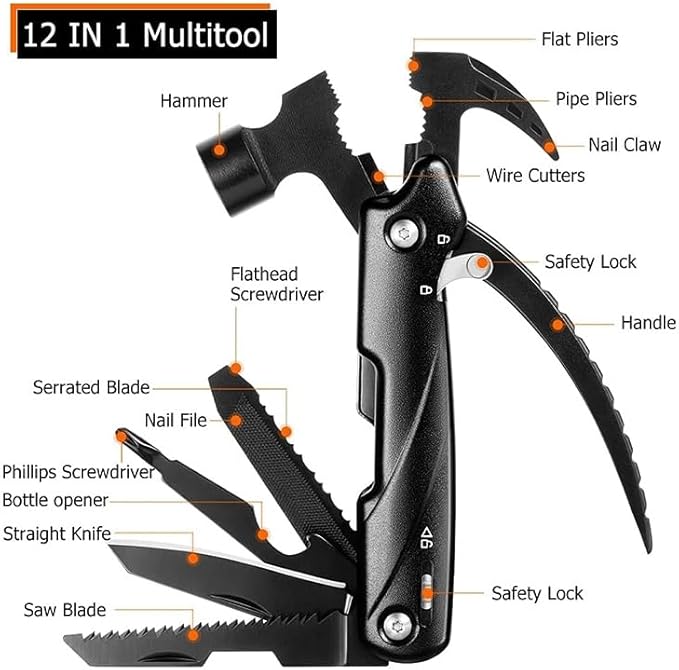 Camping Hammer Pocket Multitool, 12-in-1 Safety Locking Survival Gear Multi Tools Hammer Stocking Stuffers for Men Dad Gifts