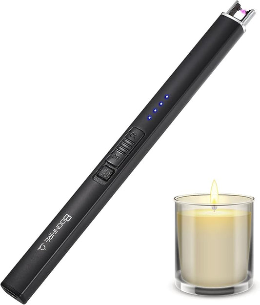 Candle Lighter, Electric Rechargeable Arc Lighter with LED Battery Display Portable USB Charging Flame-Less Windproof Lighters for Light Candles Gas Stoves Camping Barbecue(Black)