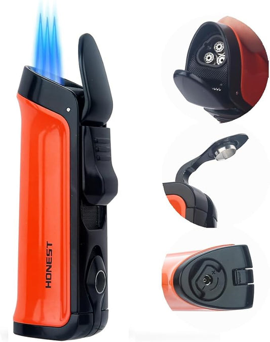 HONEST Triple Jet Torch Lighter Built-in Punch Visible Gas Window Refillable Gas Adjustable Flame Intensity Pocket Lighter Gift for Men BBQ Kitchen Fireplace Candle (Hermes Orange)
