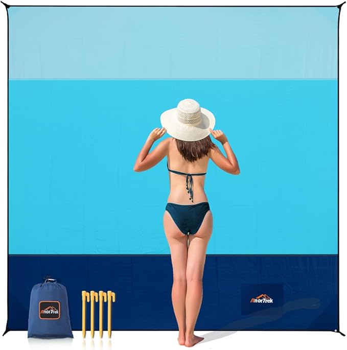 Beach Blanket Sandproof, Extra Large Beach Mat, Sand Free Mat Quick Drying, Lightweight, Soft & Durable Mat for Beach, Yard (Sky Blue & Blue & Dark Blue, 10 x 10 FT (1～9 Person))