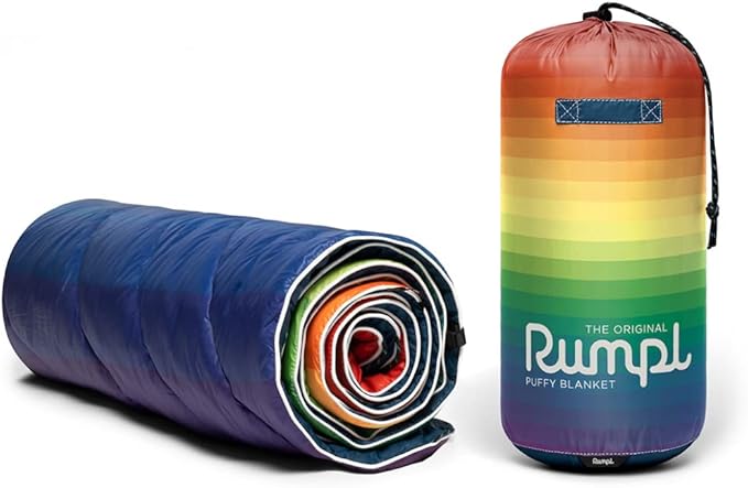 Rumpl Original Puffy Blanket - Warm Puffy Camping Blanket, 100% Recycled Polyester Insulation, Lightweight, Packable, Water-Resistant, Outdoor Puffer Blanket, 52"x75", Rainbow Fade