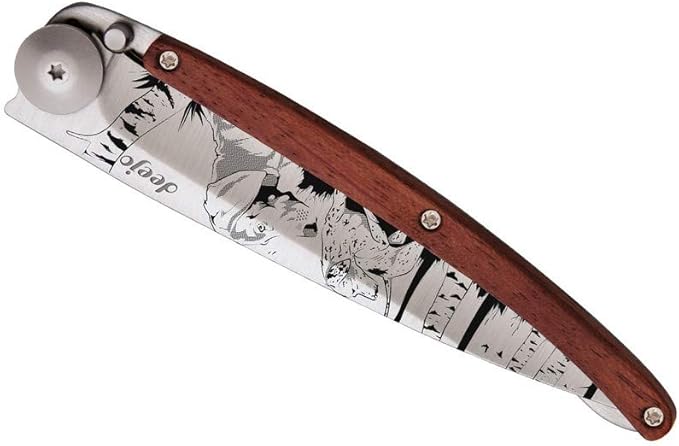 deejo - Ultra-Light Folding Pocket Knife with Belt Clip - 1.3 OZ Coral Wood Version - Thin and Sharp Blade - Hunting Day Pattern - in Stainless Steel - Elegant and Modern Design