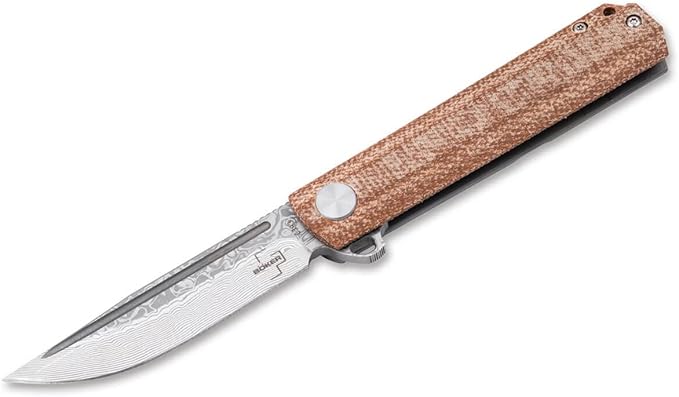 Boker Plus Cataclyst Flipjoint Damascus - flipper pocket knife with Micarta handle scales - folding knife with Damascus blade - small knife with clip