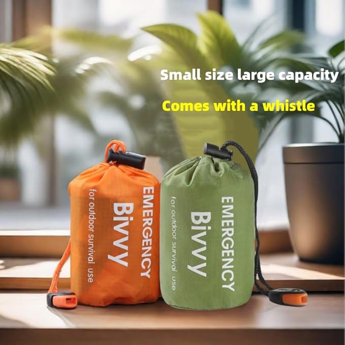 Emergency Sleeping Bag, 2 Pack Portable Thermal Bivy Sack, Waterproof Lightweight Emergency Blanket Survival Gear with Compass and Whistle for Camping Hiking Outdoor Adventure