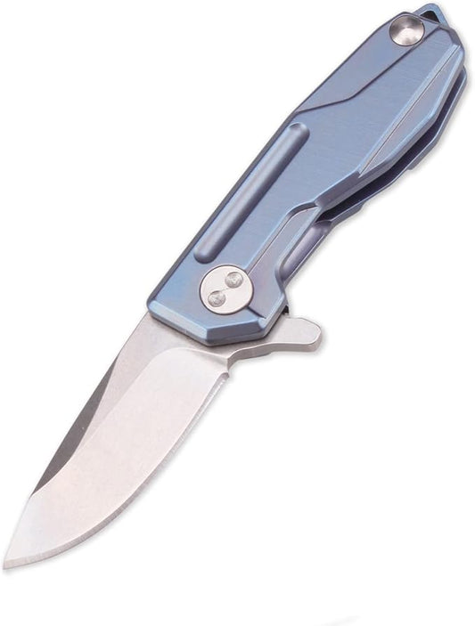 Samior HY002 Ultra Small Little Folding Pocket Flipper Knife, 1.3” D2 Damascus Blade, Blue Titanium Handle with Frame Lock, Mini EDC Keychain Necklace Knives (Blue)