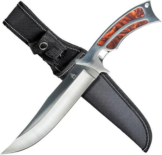 KRATOS Hunting Knife with Nylon Sheath, 10" Fixed Blade Full Tang Knife with 440C Hardened Stainless Steel & Solid Metal Handle for Bushcraft ZF2