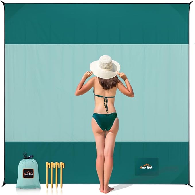 Beach Blanket Sandproof, Extra Large Beach Mat, Sand Free Mat Quick Drying, Lightweight, Soft & Durable Mat for Beach, Yard (Dark Green & Mint Green, 6.6 x 6.6 FT (1～4 Person))