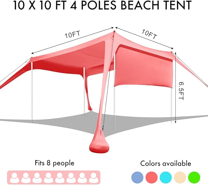 Beach Canopy Tent Shade with Sidewalls 10x10FT, 6.6FT Tall, UPF50+ Sun Shelter, Windproof & Water Resistant, Includes Guylines Sand Shovel Stability Poles, Easy Up for Beach Outdoor Camping Backyard