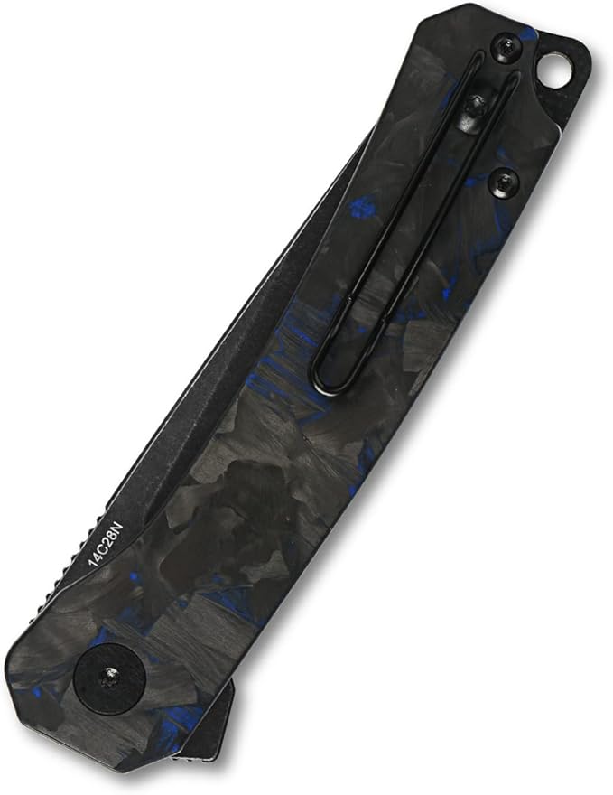 QSP Knife Osprey Folding Knife, 3.25in 14C28N Blade with Different Handle Variants, Reversible Tip Up Clip for Everyday Carry (Black stonewash blade, shredded blue CF overlay G10)