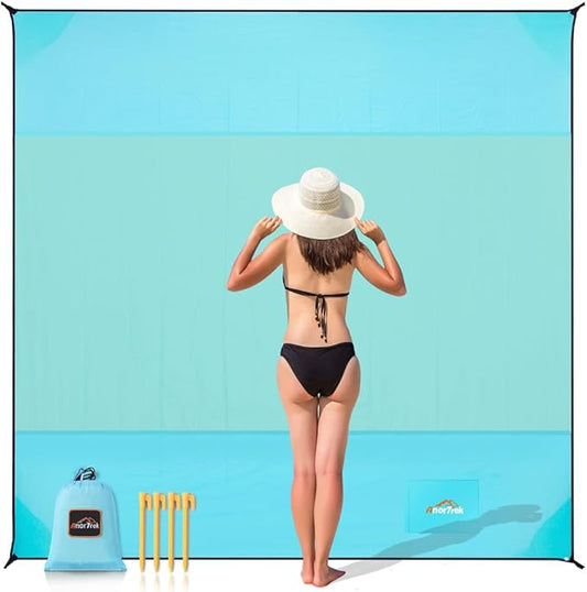 Beach Blanket Sandproof, Extra Large Beach Mat, Sand Free Mat Quick Drying, Lightweight, Soft & Durable Mat for Beach, Yard (Sky Blue & Mint Green, 6.6 x 6.6 FT (1～4 Person))