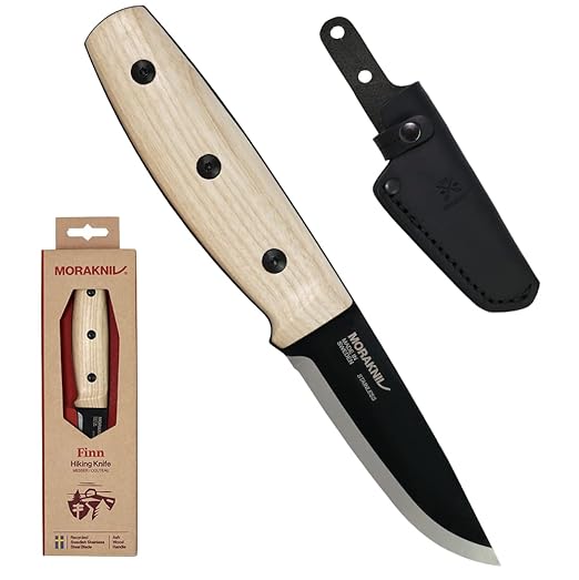 Morakniv Finn BlackBlade (S) Stainless Steel Ash Wood with Leather Sheath, 7.4 Inch