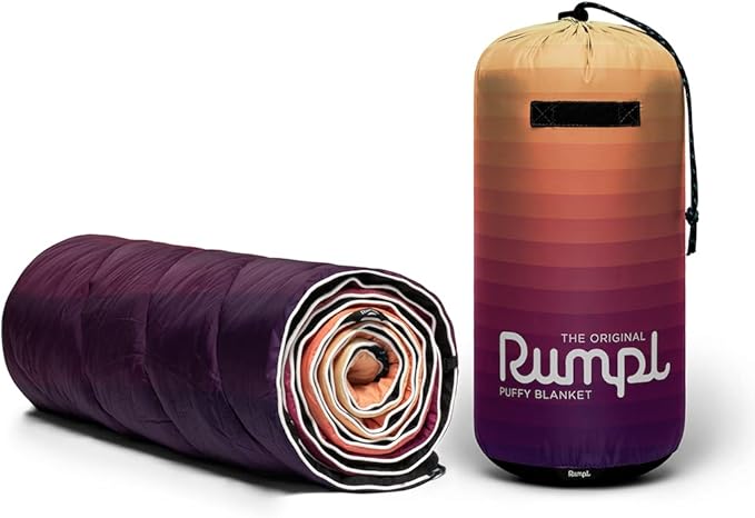 Rumpl Original Puffy Blanket - Warm Puffy Camping Blanket, 100% Recycled Polyester Insulation, Lightweight, Packable, Water-Resistant, Outdoor Puffer Blanket, 52"x75", Dawn Pixel Fade