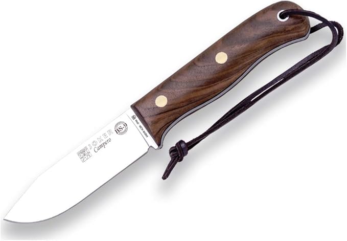 Joker BS9 Campero CN112-P Hunting Knife, Walnut Wood Handle, 10.5 cm Blade, Leather Sheath, with Flint, Fishing Tool, Hunting, Camping and Hiking