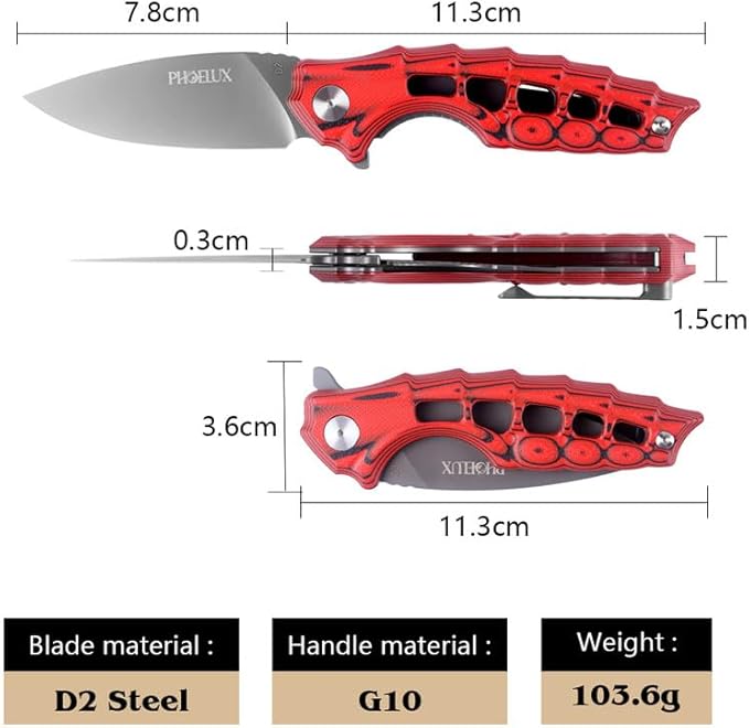 7.51" Pocket Folding Knife- D2 Blade and G10 Handle(Red Feather Pattern) EDC Knife with Pocket Clip, Liner Lock and Waterproof Box, Good for Survival Camping, Outdoor, Hiking, Hunting