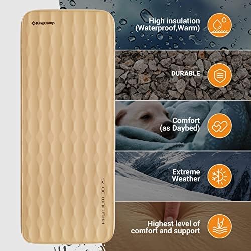 KingCamp Camping Sleeping Pad Self Inflating Air Mattress Ultra Thick Foam Pad with Premium 3D Sides 9.5 R-Value Comfort Warm Air Sleeping Portable Mat, Single-Khaki