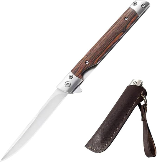 Pocket Folding Knife with 3.4”Stainless Steel blade and Handle with liner-lock，pocket clip and sheath (wood)