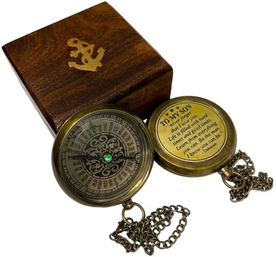 Handmade Brass Engraved Compass on Chain with Wooden Box, Vintage Style Nautical Compass with Intricate Engraving, 2.25 Inches in Diameter