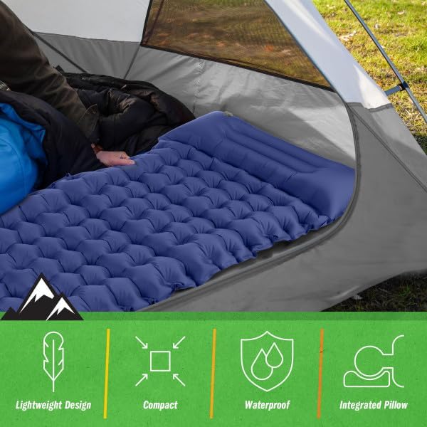 Wakeman Sleeping Pad for Camping - Inflatable Mat with Built-in Foot Pump - Waterproof Camp Mattress - Camping Gear Must Haves Outdoors (Blue)