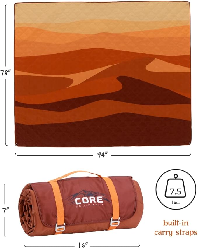 CORE Outdoor Weighted Blanket | Packable Waterproof Picnic Blanket, Beach Mat, Tent Camping Rug, & Stadium Blanket | Large Portable 94" x 78" Quilt Design with Built-in Straps and Carry Handle