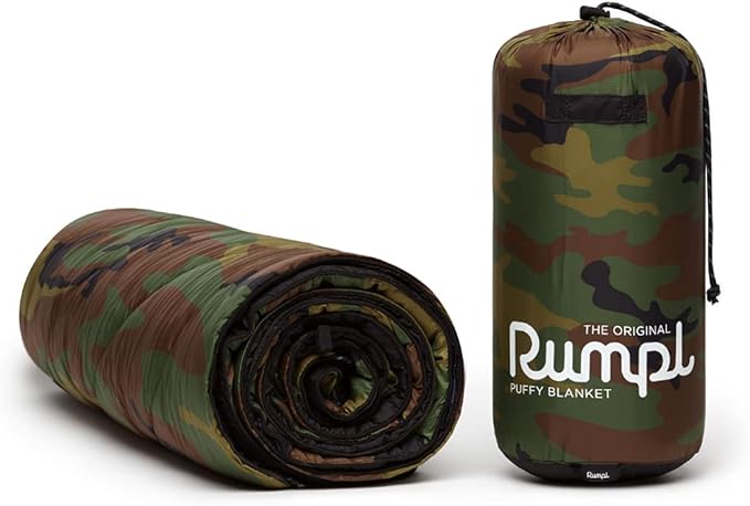 Rumpl Original Puffy Blanket - Warm Puffy Camping Blanket, 100% Recycled Polyester Insulation, Lightweight, Packable, Water-Resistant, Outdoor Puffer Blanket, 52"x75", Woodland Camo