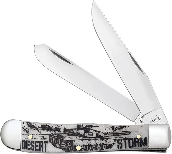 Case XX WR POCKET KNIFE TRAPPER - DESERT STORM - EMBELLISHED SMOOTH NATURAL BONE, ITEM 50953, LENGTH CLOSED 4 1/8 INCH (6254 SS)