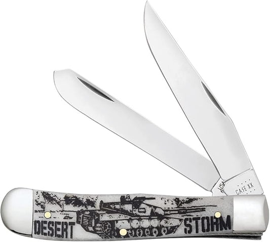 Case XX WR POCKET KNIFE TRAPPER - DESERT STORM - EMBELLISHED SMOOTH NATURAL BONE, ITEM 50953, LENGTH CLOSED 4 1/8 INCH (6254 SS)