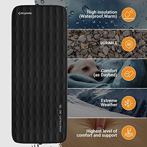 KingCamp Self Inflating Sleeping Pad for Camping Ultra Thick Double Single Foam Mattress High R Value Camping Air Pad Mat, Multi Colors & Sizes (78"x30"x3.0", Black-Single-9.5R)