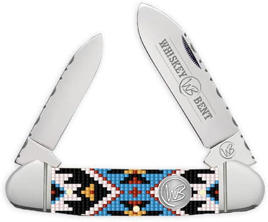 WHISKEY BENT HAT CO. Traditional Canoe Folding Pocket Knife w/Filework 3.63" Closed Length 440C Stainless Steel Blades (Sky Bead)