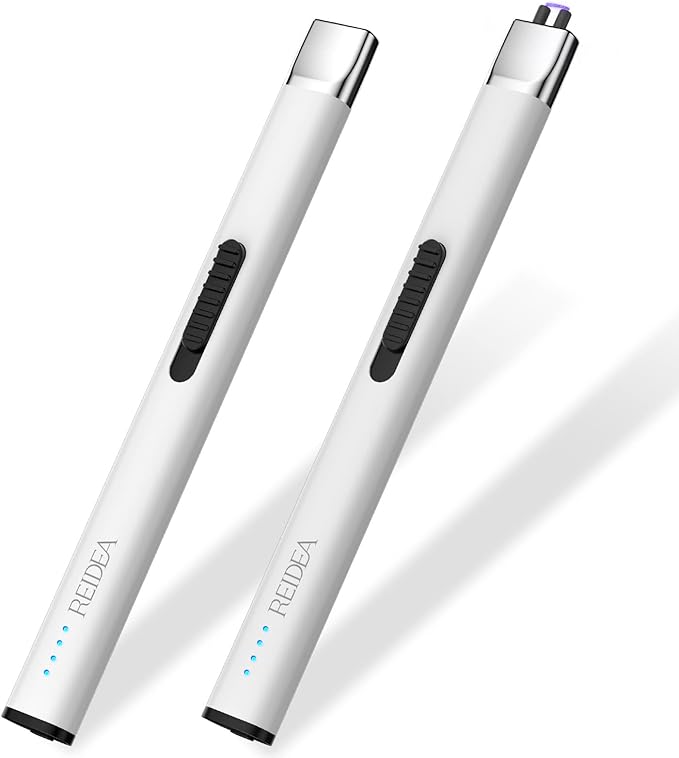 REIDEA Lighters 2 Pack R1 Flat Electronic Candle Lighter, Windproof Flameless USB Rechargeable Arc Lighter with Safe Button and Power Indicator for Candle, BBQ and Fireworks, White