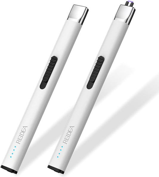 REIDEA Lighters 2 Pack R1 Flat Electronic Candle Lighter, Windproof Flameless USB Rechargeable Arc Lighter with Safe Button and Power Indicator for Candle, BBQ and Fireworks, White