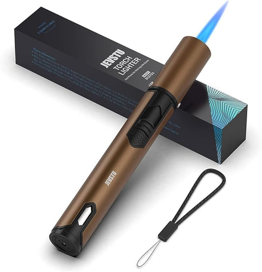 Butane Lighter, Torch Lighter with Fuel Level Window, Adjustable Fire Jet Lighter for Fireplace, Windproof Pen Lighter for Candle Kitchen BBQ, Brown, Lighter Fluid not Included