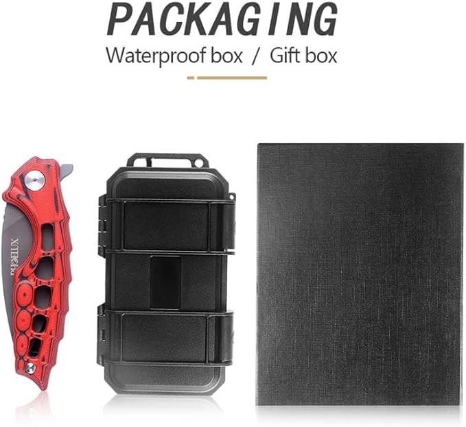 7.51" Pocket Folding Knife- D2 Blade and G10 Handle(Red Feather Pattern) EDC Knife with Pocket Clip, Liner Lock and Waterproof Box, Good for Survival Camping, Outdoor, Hiking, Hunting